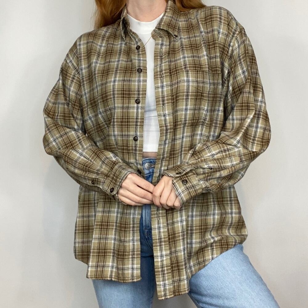 Vintage 90s Large Neutral Tan Plaid Flannel Button Front Shacket Shirt Jacket